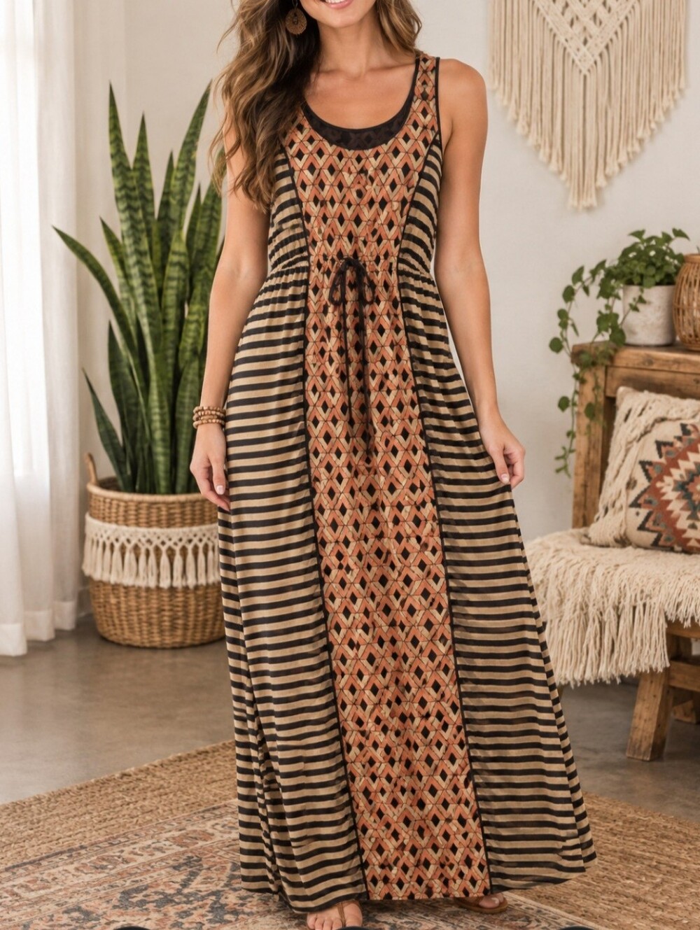 THML Anthropologie sleeveless geometric chiffon maxi dress LG boho patchwork